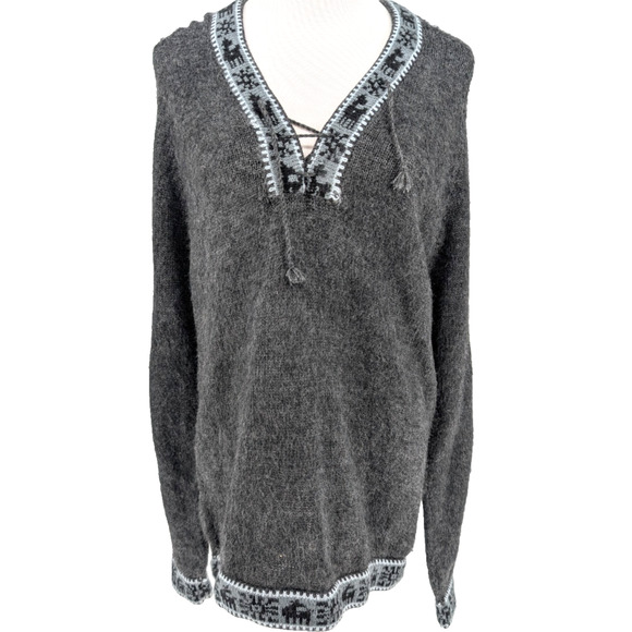 Womens Gray Peruvian Alpaca Hooded Lace Up Neck Boho Sweater Medium - Picture 4 of 8